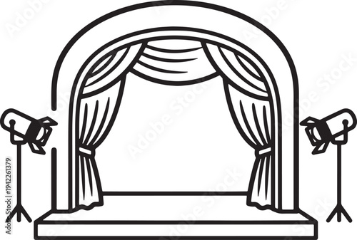 Stage with curtains and spotlights in a simple line style theater performance