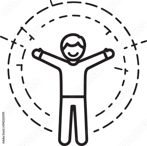 Simple black line of a happy person with arms outstretched within dashed circles human figure stick figure