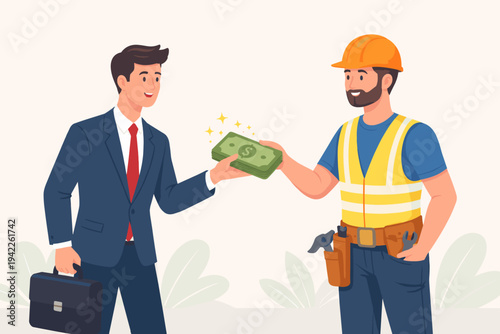 Businessman in Suit Receiving Money from Construction Worker in Safety Vest and Hard Hat, Flat Vector Illustration Representing Financial Debt, Loan, Payment, and Economic Social Role Reversal.
