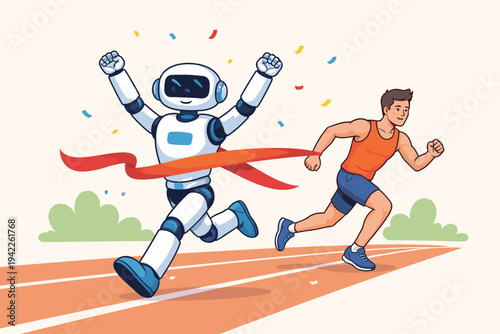 Robot winning a race against a human on a running track, crossing the finish line with a red ribbon and confetti, concept of AI technology surpassing human performance, flat vector illustration.