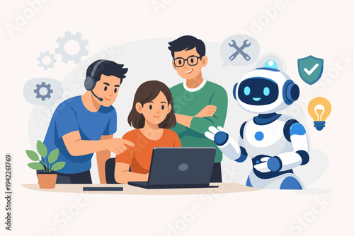 Flat vector illustration of a diverse IT support team collaborating with a friendly AI robot to provide technical assistance, software solutions, and customer service on a laptop in an office.