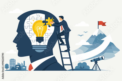 Business leadership and visionary mindset concept vector of a professional man completing a light bulb puzzle inside a head silhouette, symbolizing innovation, strategy, and goal achievement.