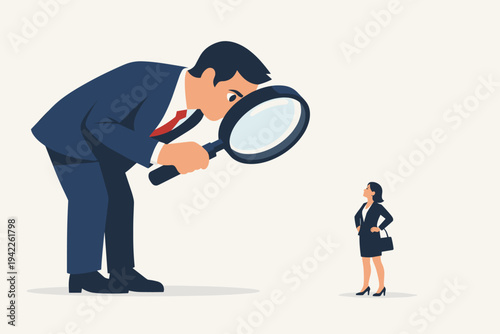 Businessman Holding Magnifying Glass Inspecting Tiny Businesswoman; Concept of Recruitment, Scrutiny, Gender Inequality, Power Imbalance, Micromanagement, and Evaluation in Corporate Environment.