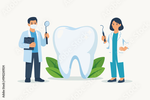 Male and female dentists standing next to a large healthy shiny molar tooth with green leaves. Professional dental care, oral hygiene, stomatology, and medical checkup flat vector illustration.
