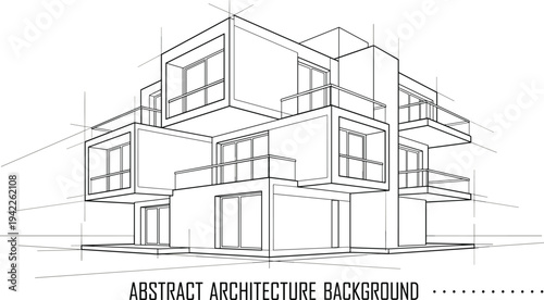 Abstract architectural sketch of a modular residential complex featuring interlocking cubic volumes, symmetrical cantilevered balconies, and professional perspective guidelines.