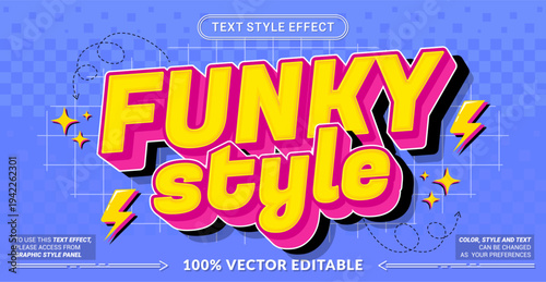 Editable text effect vector “Funky Style” features bold playful 3D lettering with vibrant colors and groovy vibes, perfect for fun posters, youth branding, and energetic designs.