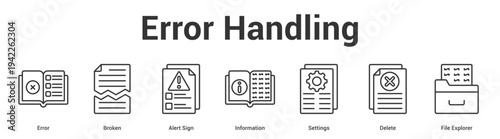Error Handling web banner icon set vector illustration concept for business with icon of Error, Broken, Alert Sign, Information, Settings, Dele.