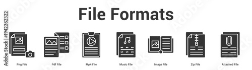 File Formats web banner icon set vector illustration concept for business with icon of Png File, Pdf File, Mp4 File, Music File, Image File, Zip Fi.