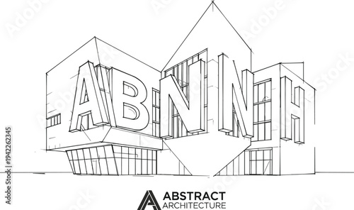 Artistic architectural perspective of a contemporary corporate pavilion featuring integrated 3D typography, cantilevered glass volumes, and modern geometric facades.