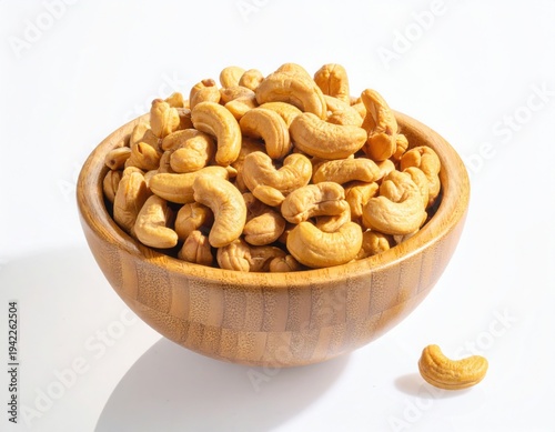 Top view of Roasted cashew nuts in wooden bowl with pile of cashew nuts on white background.