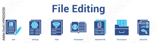 File Editing web banner icon set vector illustration concept for business with icon of Edit, Settings, Filter, Information, Attached File, File Explor.