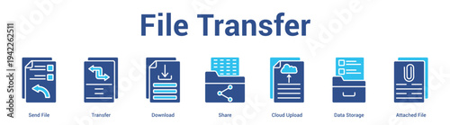 File Transfer web banner icon set vector illustration concept for business with icon of Send File, Transfer, Download, Share, Cloud Upload, Data Stora.