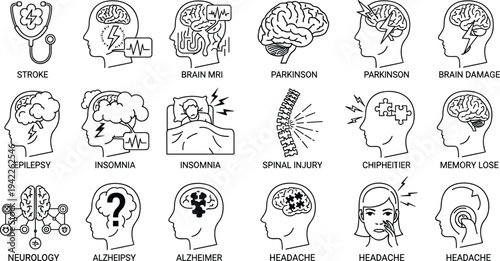 Black line icons for neurology featuring brain disorders stroke epilepsy alzheimer parkinson insomnia and neurological health symptoms