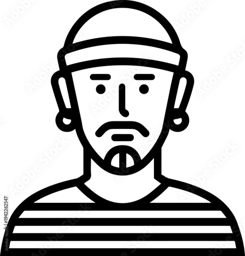 Hand Drawn Male Pirate Black and White Avatar Illustration in Minimal Line Art Style Design