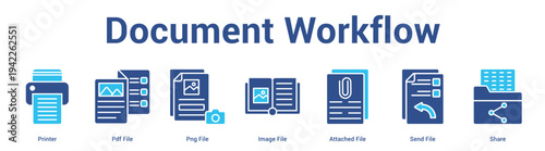 Document Workflow web banner icon set vector illustration concept for business with icon of Printer, Pdf File, Png File, Image File, Attached File, S.