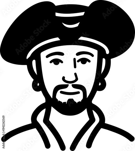 Hand Drawn Male Pirate Black and White Avatar Illustration in Minimal Line Art Style Design
