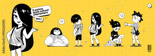 School Children Comic Character with Girl Anime and Child Animation for Education, Featuring A Cute Kid Cartoon Manga Student in A Playful Set. A Happy Vector Illustration of Primary Kids