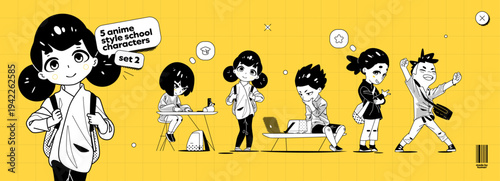 School Anime Character with Children and Child Animation for A Girl, Kid, Cartoon, and Manga Student. Cute, Happy, and Flat Vector Illustration of A Primary School Playground with A Running Boy