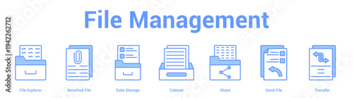 File Management web banner icon set vector illustration concept for business with icon of File Explorer, Attached File, Data Storage, Cabinet, Share, S.