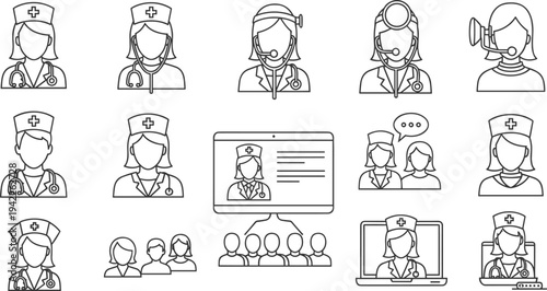 Black line icons for nursing featuring nurse practitioners telemedicine online medical consultation healthcare personnel and hospital staff symbols