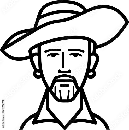 Hand Drawn Male Pirate Black and White Avatar Illustration in Minimal Line Art Style Design