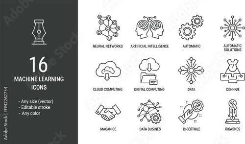 Black line icons for machine learning featuring neural networks artificial intelligence cloud computing data business and automatic solutions