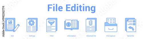 File Editing web banner icon set vector illustration concept for business with icon of Edit, Settings, Filter, Information, Attached File, File Explor.
