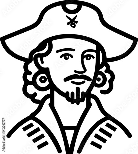 Hand Drawn Male Pirate Black and White Avatar Illustration in Minimal Line Art Style Design