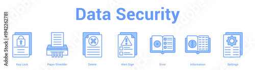 Data Security web banner icon set vector illustration concept for business with icon of Key Lock, Paper Shredder, Delete, Alert Sign, Err.