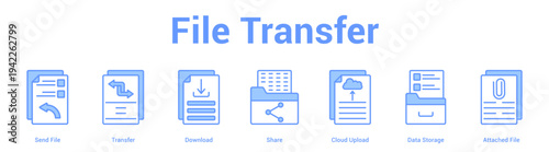 File Transfer web banner icon set vector illustration concept for business with icon of Send File, Transfer, Download, Share, Cloud Upload, Data Stora.