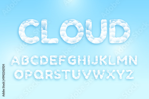 A cloud shaped text effect with white letters on blue background