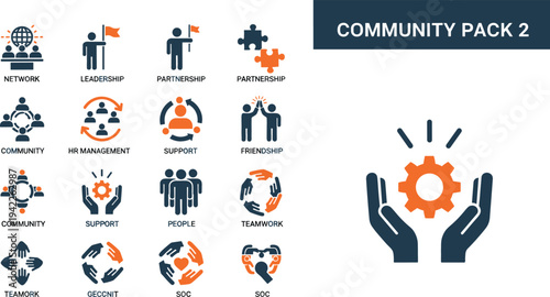 Community and HR management icon set featuring leadership partnership social support network human resources teamwork and corporate friendship.