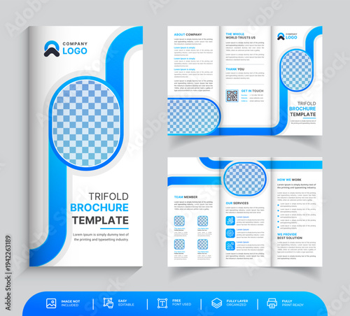 Blue and white business trifold brochure template with rounded oval shapes.