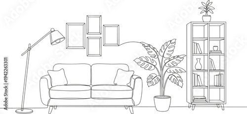 Continuous line drawing of a modern living room featuring a sofa floor lamp gallery wall and Monstera plant