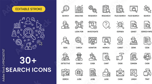 Digital search and discovery icon set featuring magnifying glasses information research investigative analysis detective work and file exploration symbols