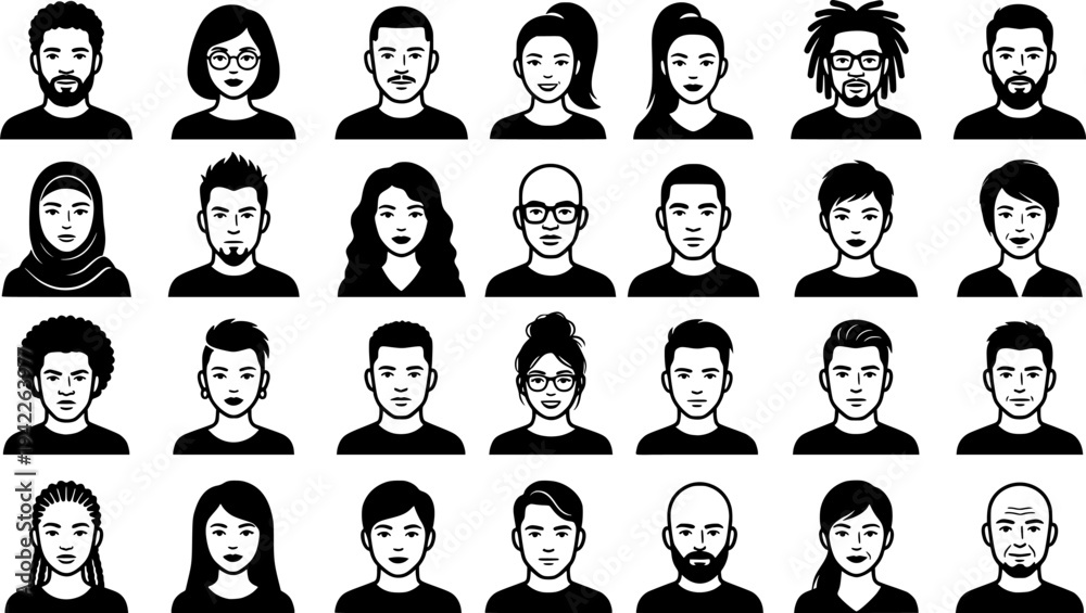 Obraz premium Diverse people icons set line art avatar collection. 