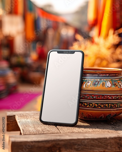 Smartphone with white screen on rustic wood in vertical position leaning against a colorful handmade ceramic vase.