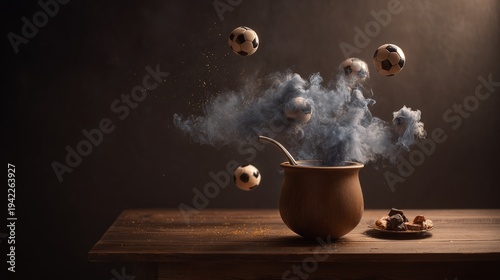 Surreal concept. Argentinian mate with yerba mate in the shape of smoke, small soccer balls and pieces of meat on a small plate.