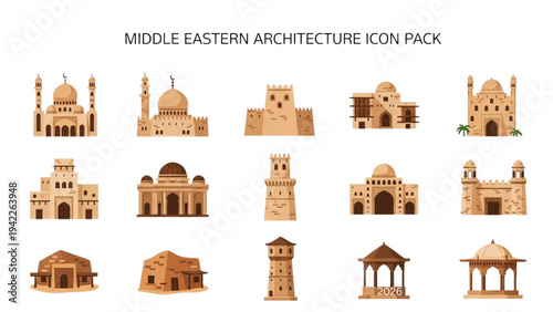 Collection of Middle Eastern Architecture Icons Featuring Mosques and Buildings