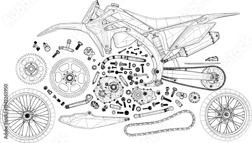 Detailed vector wireframe illustration of a disassembled motorcycle including frame engine gears wheels and mechanical hardware components