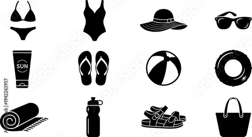 Summer beach essentials icon set: swimwear, accessories, and more in linear style
