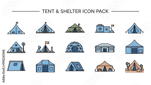 Collection of camping tents and shelter icons displayed in a grid layout