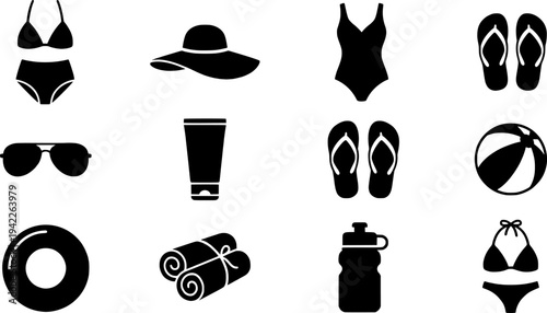 Summer beach essentials icon set: swimwear, accessories, and more in linear style
