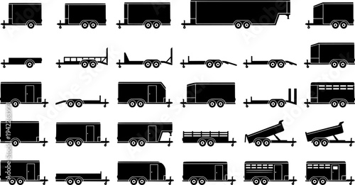 Car trailer icon set. Vector drawing. Black silhouette.
