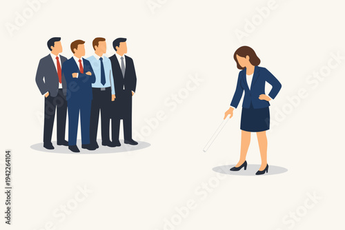 Businesswoman Drawing a Circle Around Herself to Maintain Personal Space and Social Distance from a Group of Businessmen, Concept of Workplace Boundaries, Gender Dynamics, and Professional Isolation.