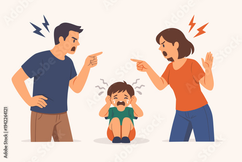 Vector Illustration of a Couple Having a Heated Argument with a Stressed and Crying Child Sitting in the Middle Covering His Ears, Depicting Family Conflict, Domestic Issues, and Trauma.