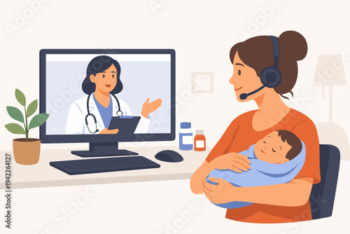 Vector illustration of a mother holding her newborn baby while having a virtual medical consultation with a doctor on a computer screen. Telemedicine and telehealth concept for pediatric care.