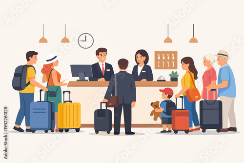 Vector Illustration of a Busy Hotel Reception Desk with Diverse Travelers Checking In, Including a Businessman, Families, and Seniors with Luggage and Suitcases in a Modern Lobby Setting.