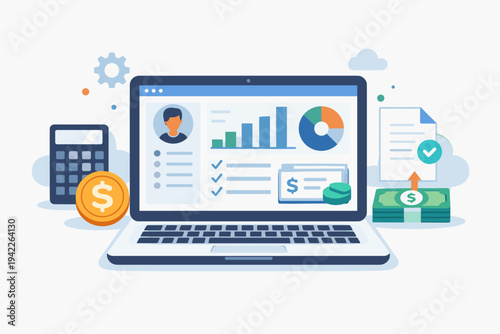 Flat Vector Illustration of a Laptop Displaying an Online Payroll Software Dashboard with Financial Charts, Graphs, Employee Profile, Calculator, and Money for Business Accounting Management