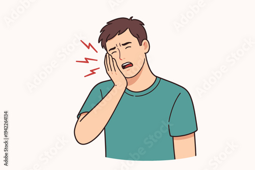 Vector illustration of a young man suffering from a severe toothache, holding his swollen cheek in pain with red lightning bolt symbols indicating sharp dental ache, isolated on light background